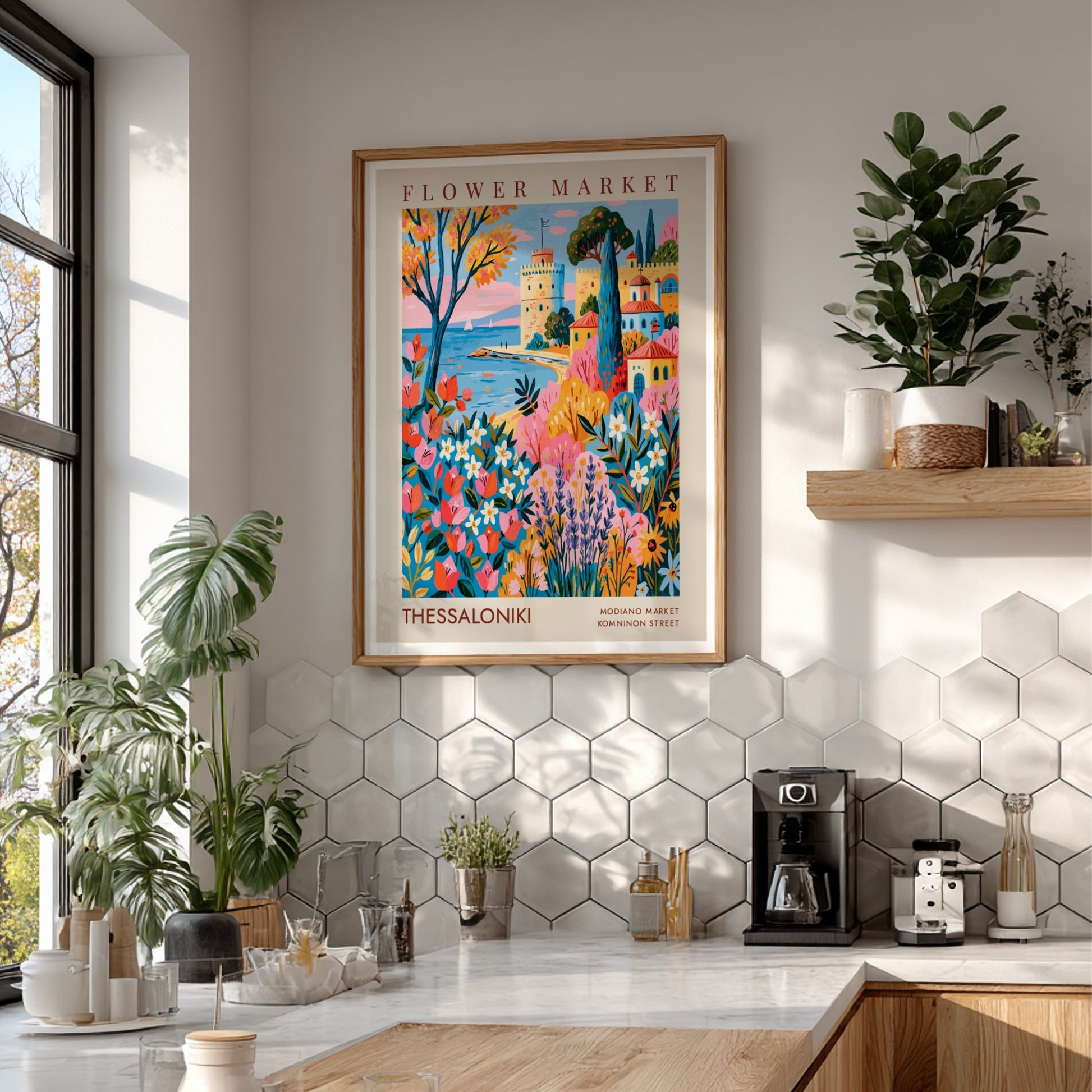 Flower market poster featuring vibrant colors of Thessaloniki with flowers and coastal architecture