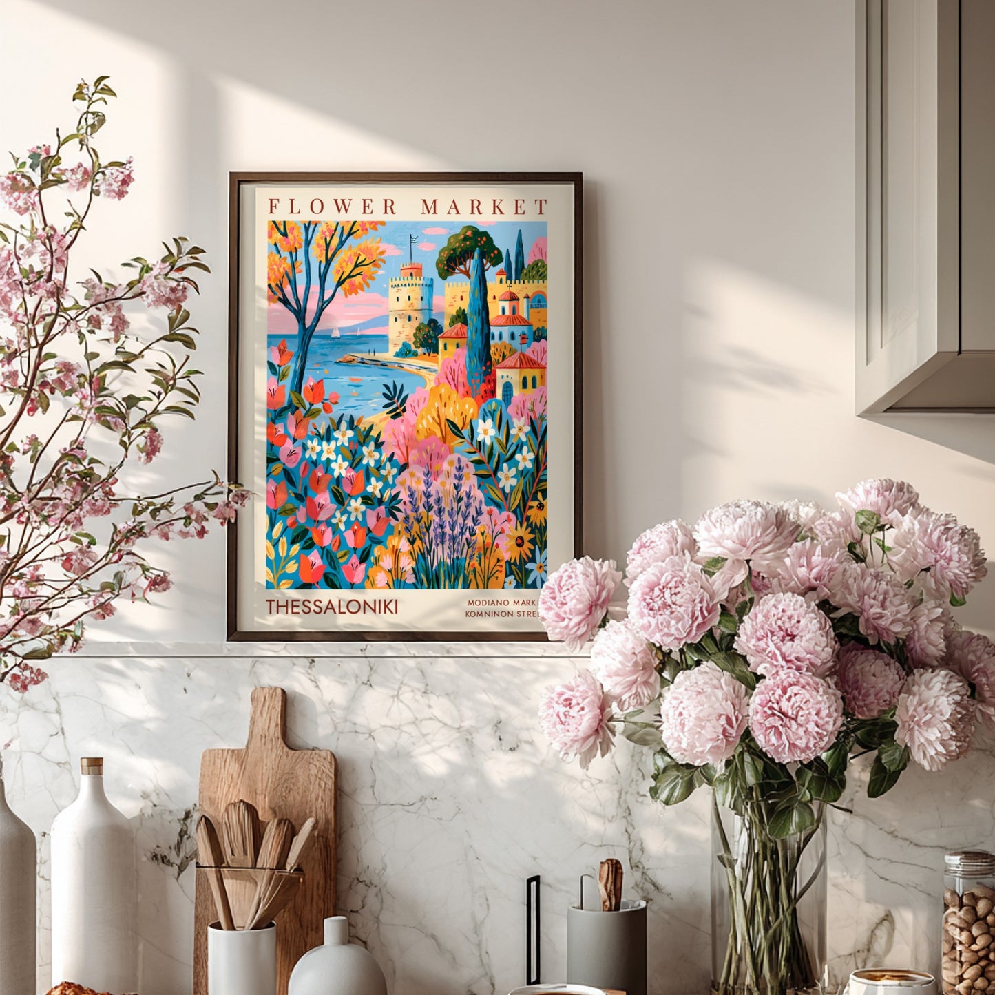 Flower market poster featuring vibrant colors of Thessaloniki with flowers and coastal architecture