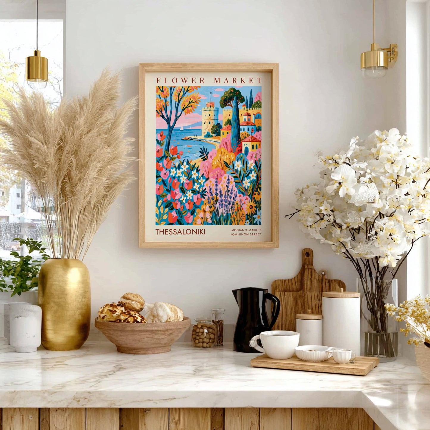 Flower market poster featuring vibrant colors of Thessaloniki with flowers and coastal architecture