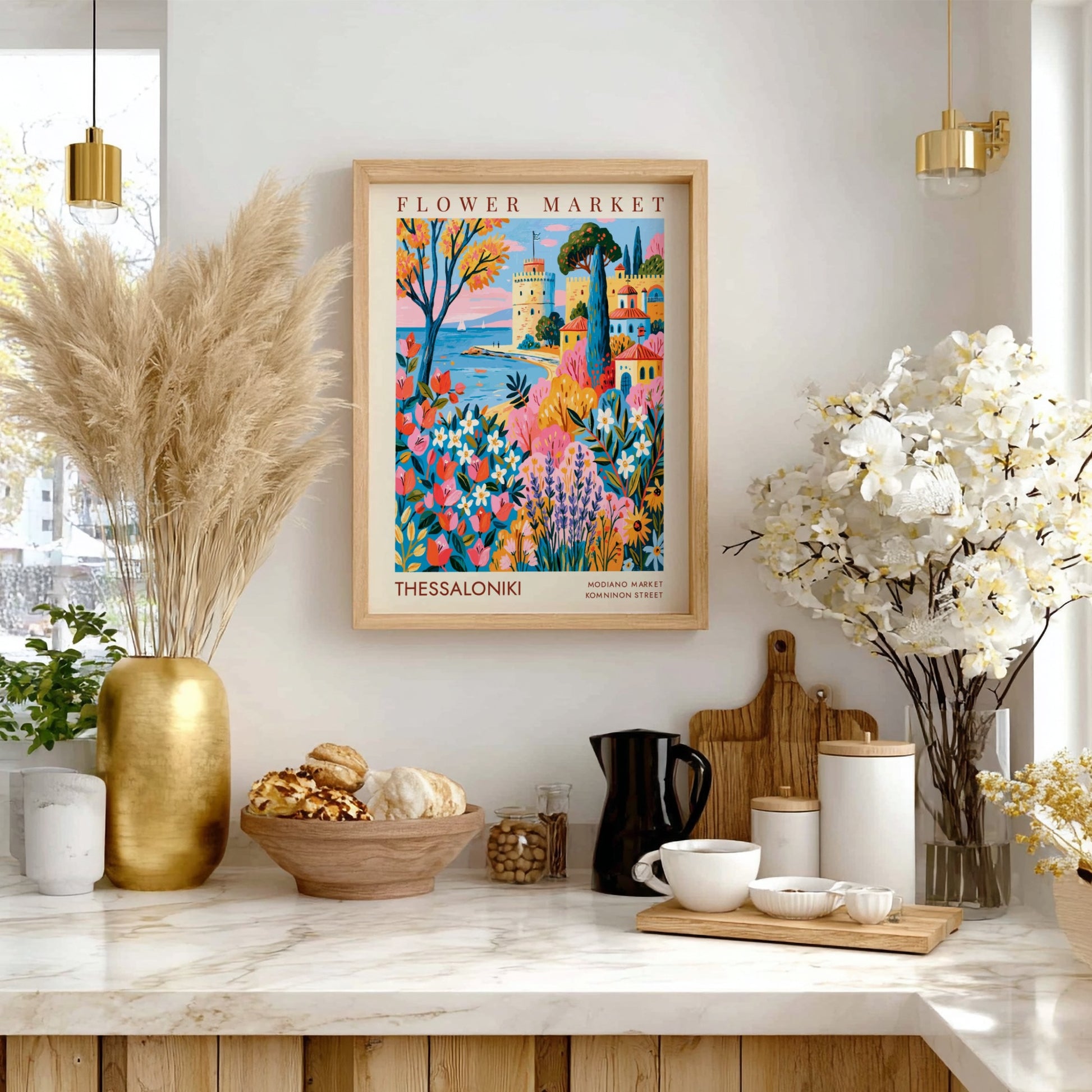 Flower market poster featuring vibrant colors of Thessaloniki with flowers and coastal architecture