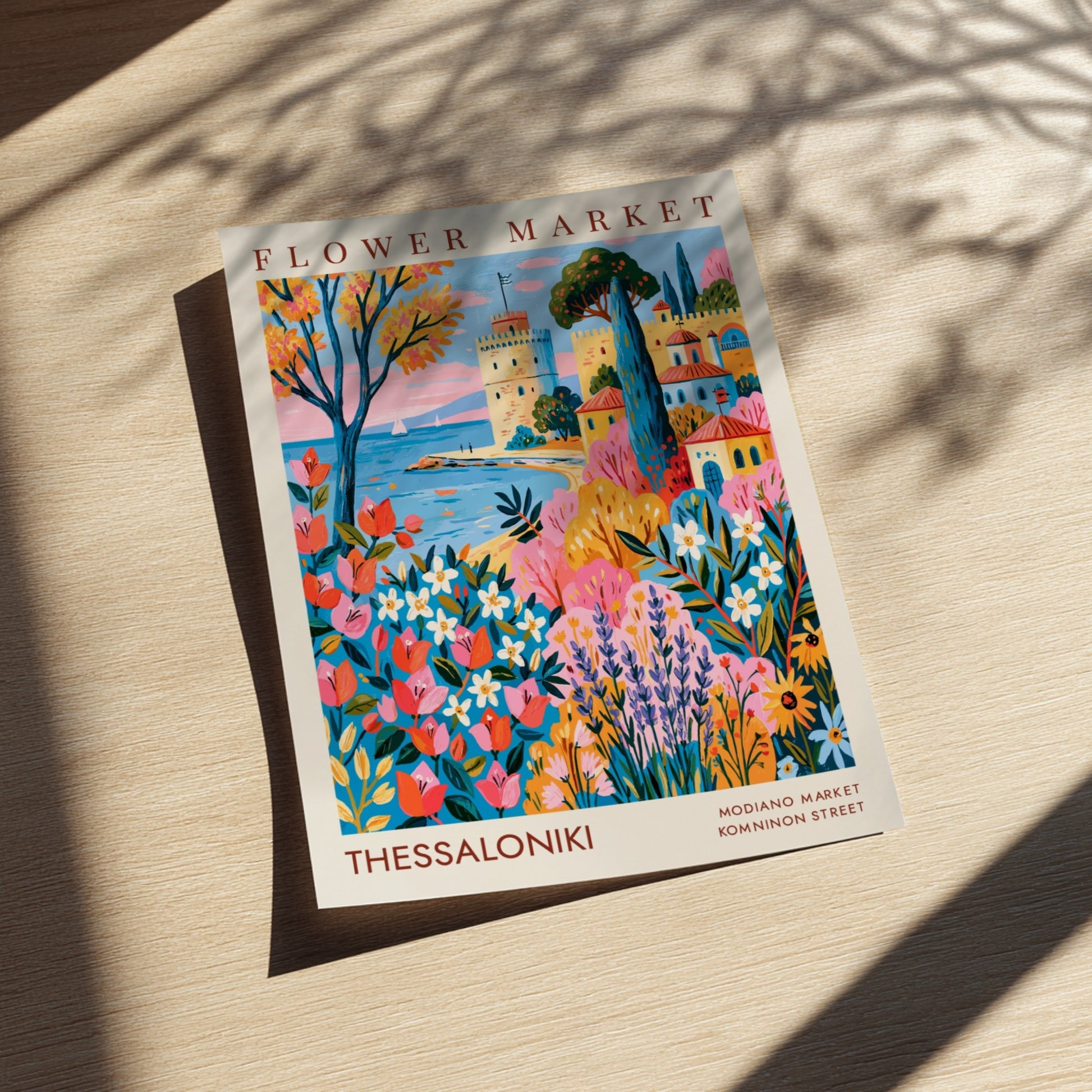 Flower market poster featuring vibrant colors of Thessaloniki with flowers and coastal architecture
