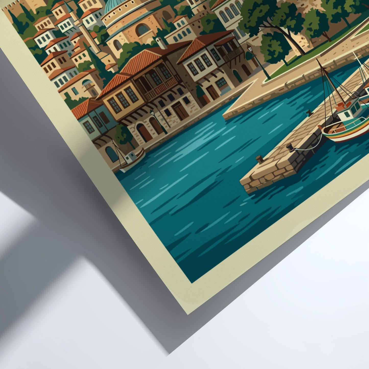 Thessaloniki Greece travel poster featuring the White Tower and waterfront in a vintage style with blue and