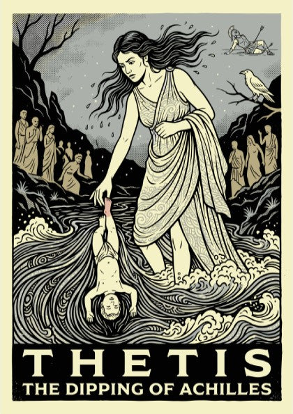 Thetis dipping Achilles poster in a stylized illustration of Greek mythology, featuring Thetis holding