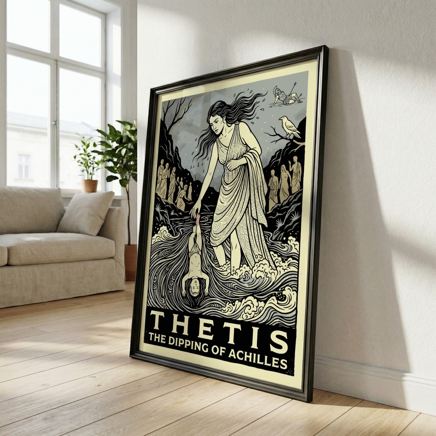Thetis dipping Achilles poster in a stylized illustration of Greek mythology, featuring Thetis holding