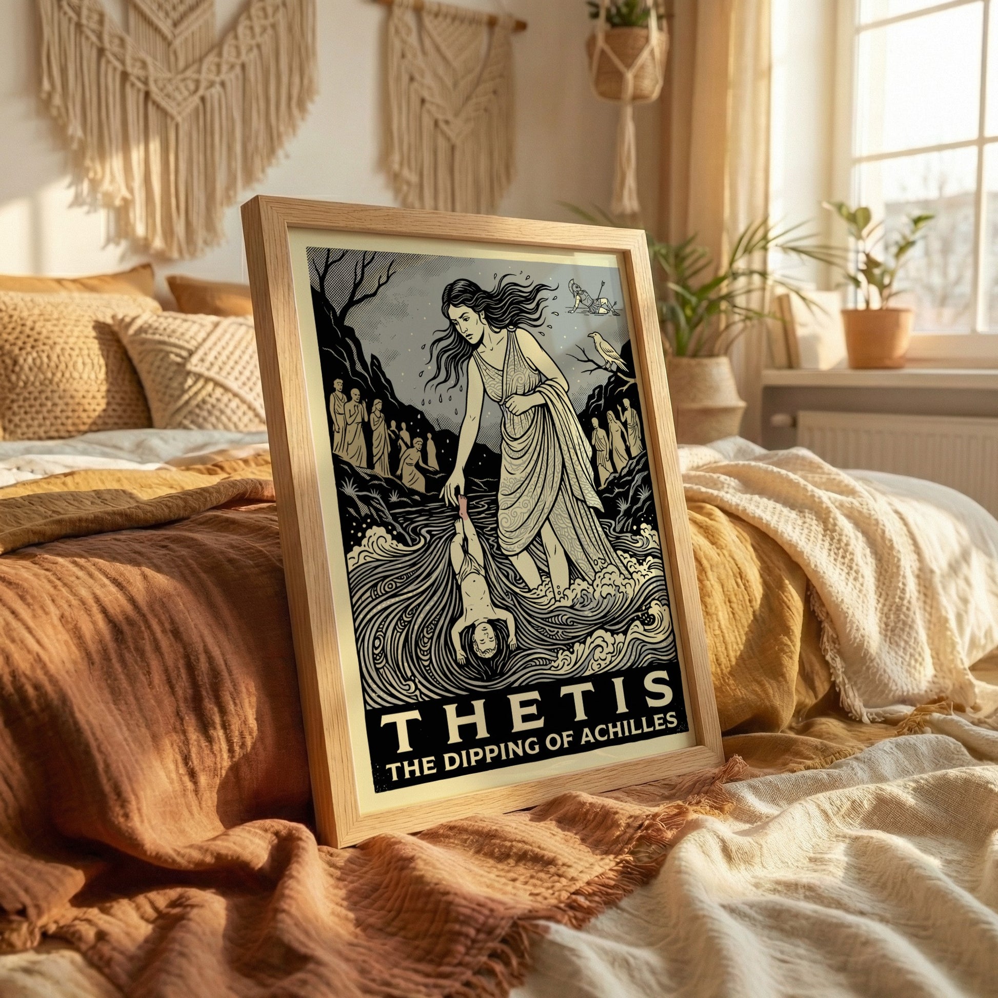 Thetis dipping Achilles poster in a stylized illustration of Greek mythology, featuring Thetis holding