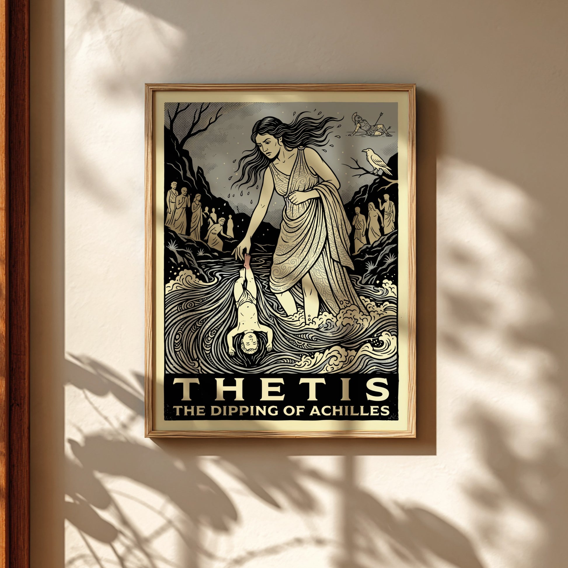 Thetis dipping Achilles poster in a stylized illustration of Greek mythology, featuring Thetis holding