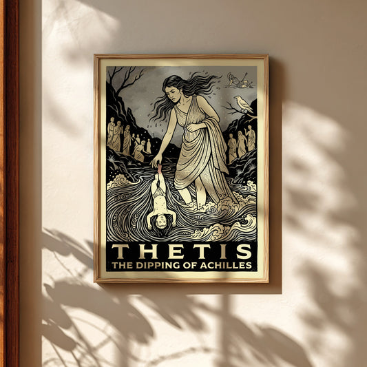 Thetis dipping Achilles poster in a stylized illustration of Greek mythology, featuring Thetis holding