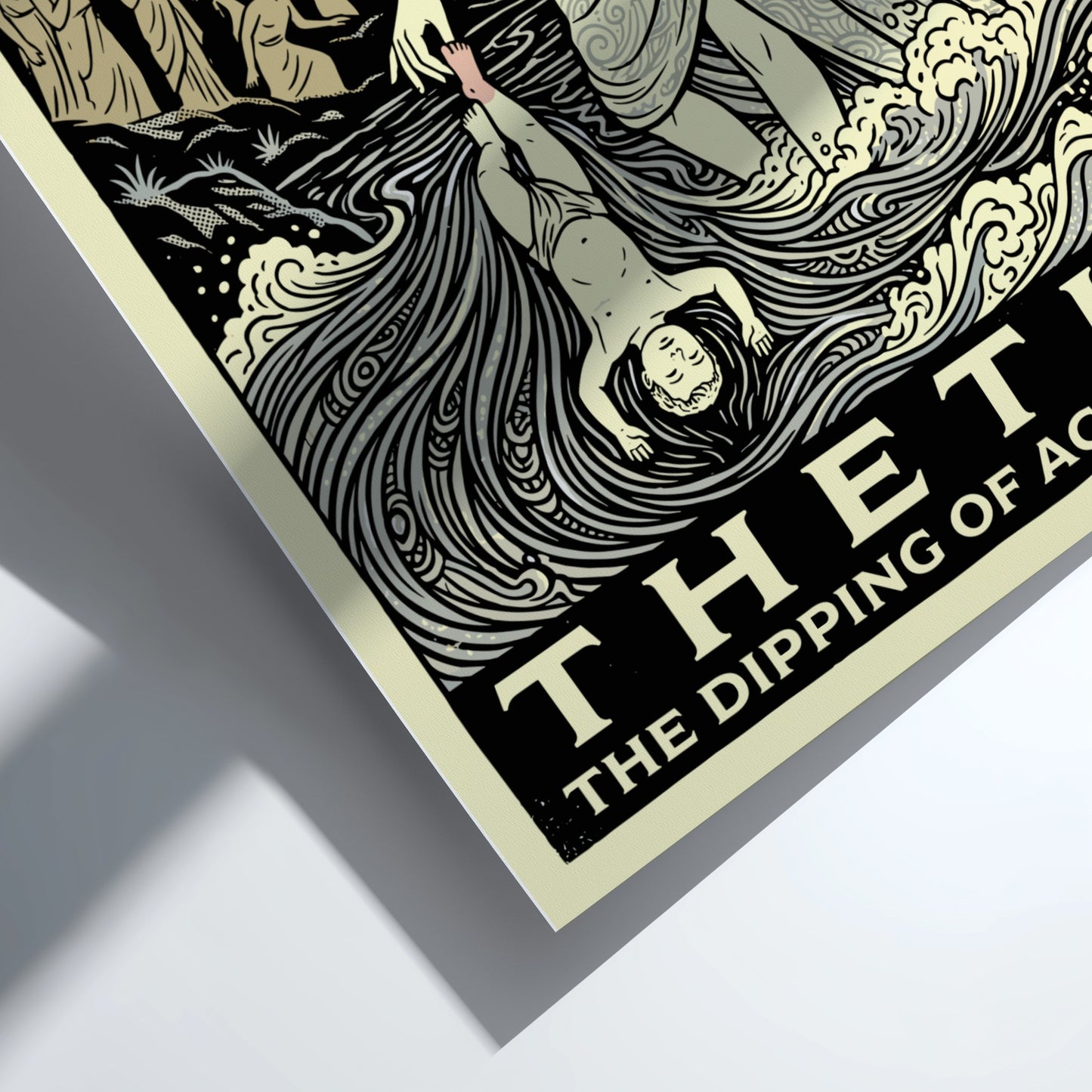 Thetis dipping Achilles poster in a stylized illustration of Greek mythology, featuring Thetis holding