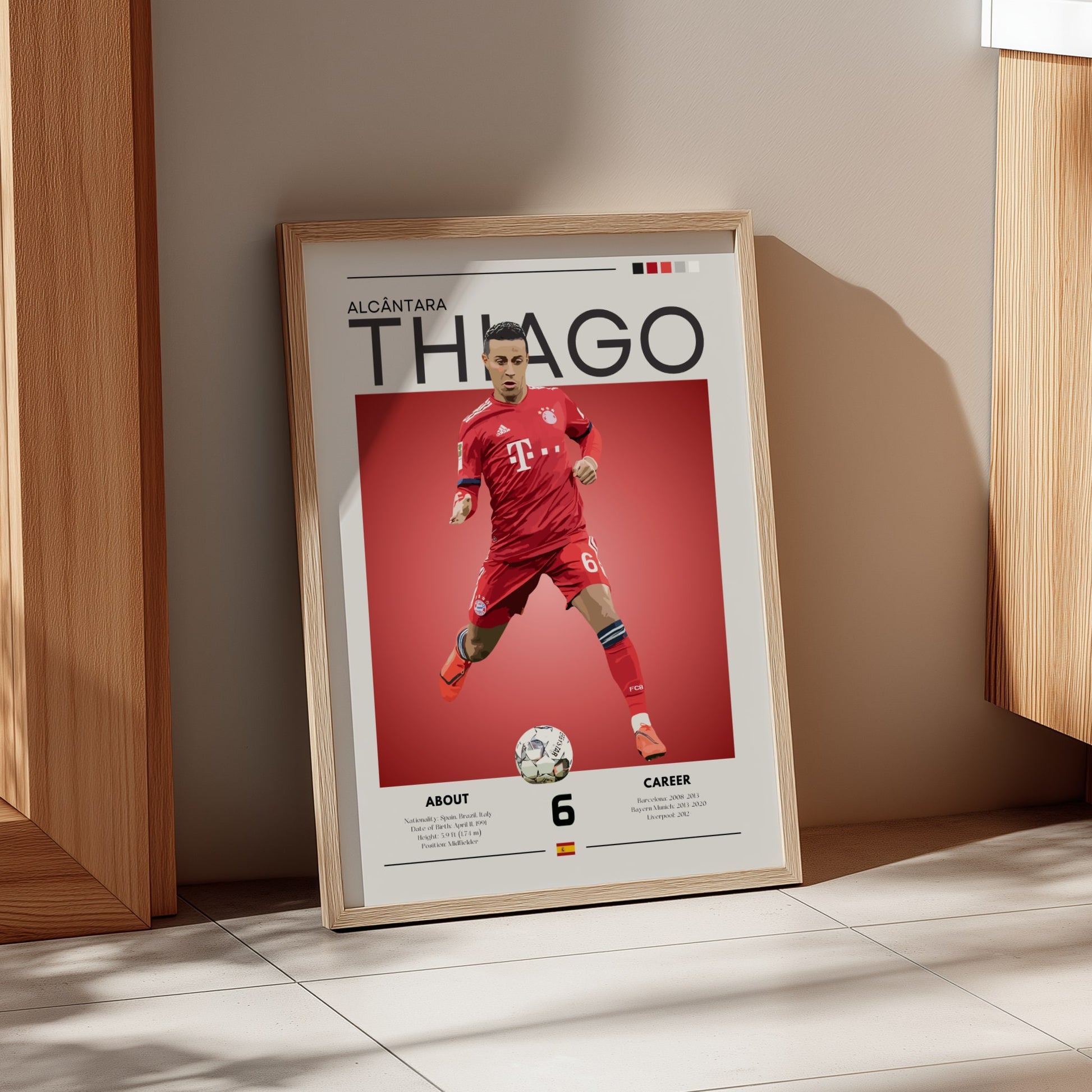 Framed poster of a soccer player in a red jersey on a beige wall.