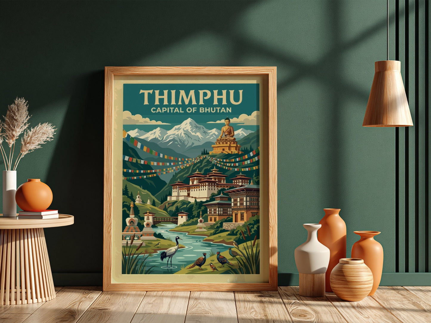Travel poster of Thimphu Bhutan showing the golden Buddha statue and Himalayan mountain range.