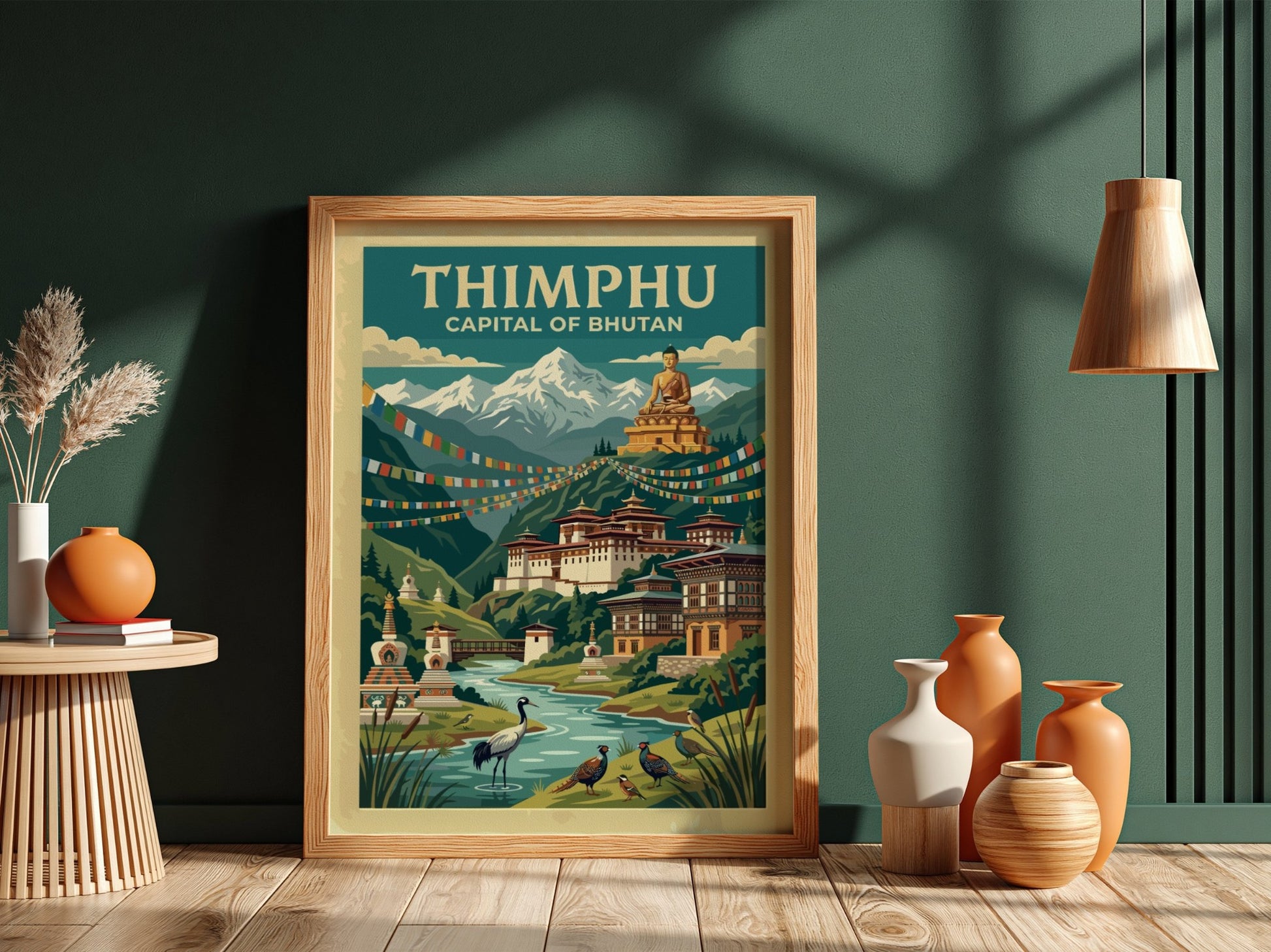 Travel poster of Thimphu Bhutan showing the golden Buddha statue and Himalayan mountain range.
