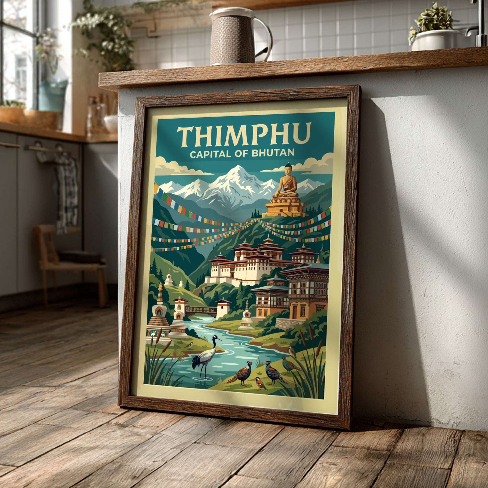 Travel poster of Thimphu Bhutan showing the golden Buddha statue and Himalayan mountain range.