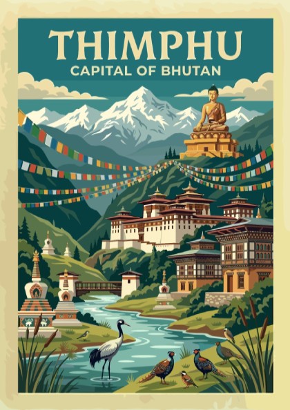 Travel poster of Thimphu Bhutan showing the golden Buddha statue and Himalayan mountain range.