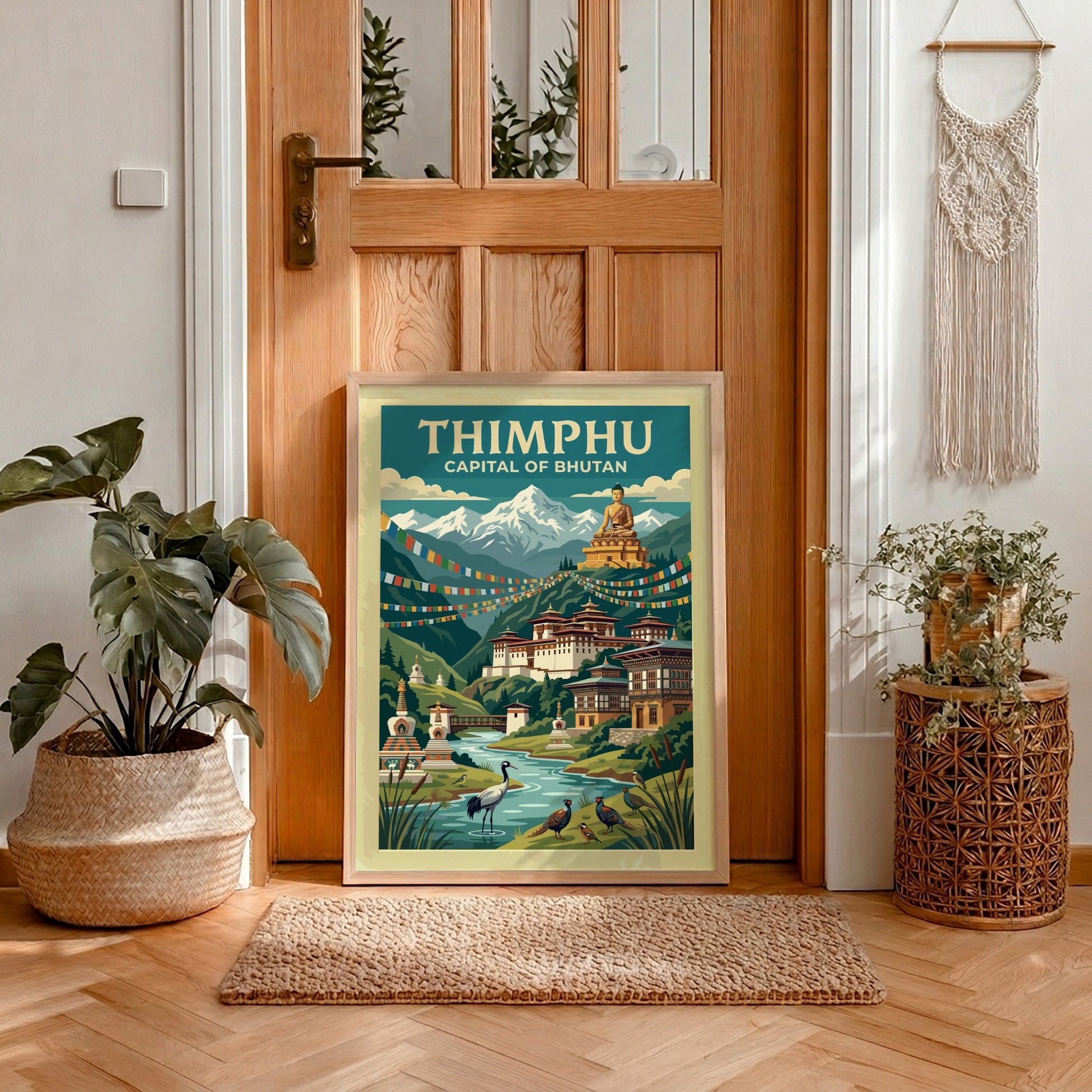 Travel poster of Thimphu Bhutan showing the golden Buddha statue and Himalayan mountain range.