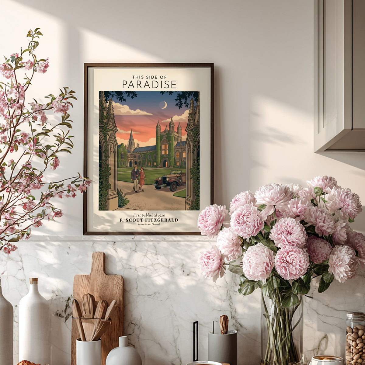 Poster depicting a 1920s couple strolling through a gothic campus with a vintage car