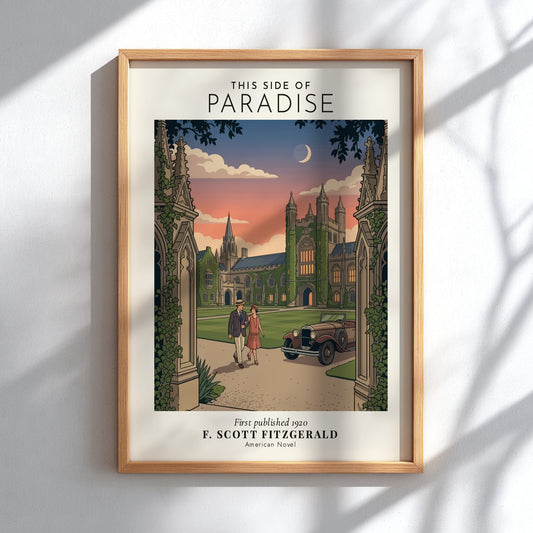 Poster depicting a 1920s couple strolling through a gothic campus with a vintage car