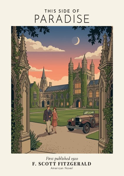 Poster depicting a 1920s couple strolling through a gothic campus with a vintage car