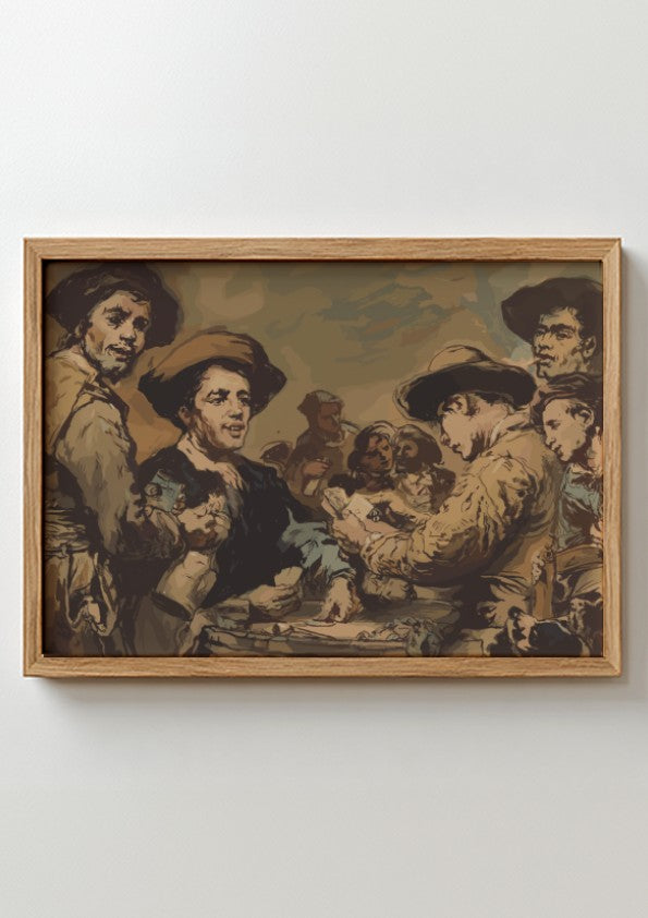 Vintage French drawing of men playing cards, titled "Card Players" by Théodule-Augustin Ribot.