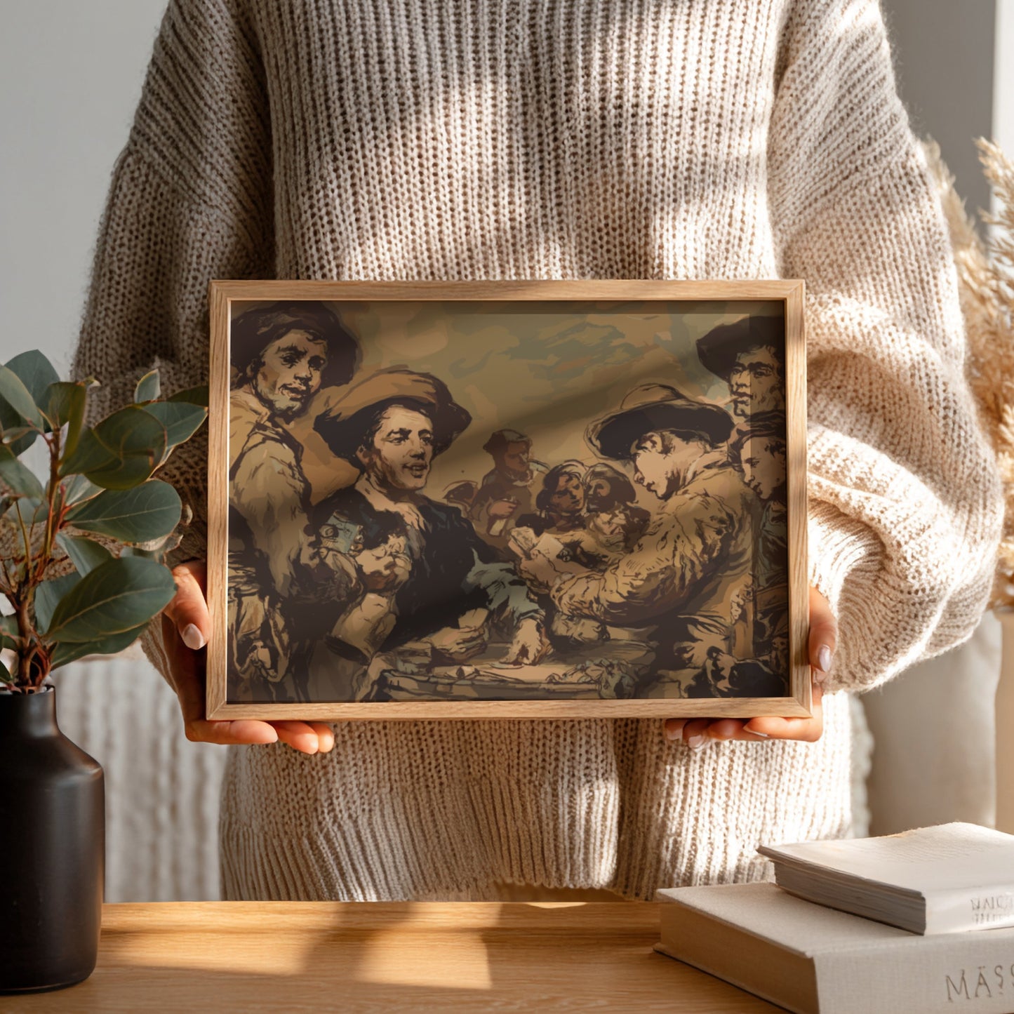 Vintage French drawing of men playing cards, titled "Card Players" by Théodule-Augustin Ribot.
