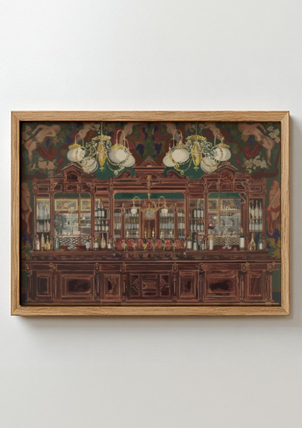 Vintage "Bar" drawing by Perkins Harnly, featuring a detailed illustration of a bar scene with bottles and