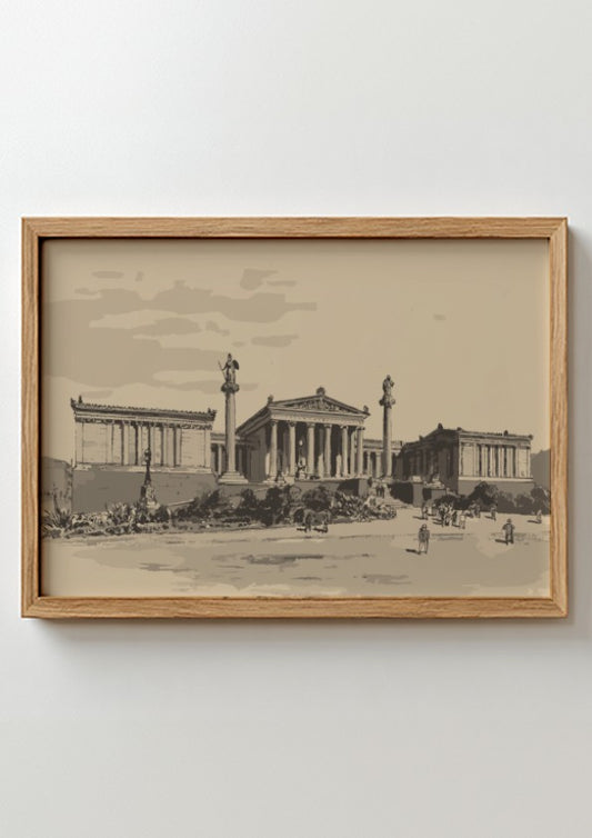 Vintage sepia drawing of the British Museum's South Front, featuring neoclassical architecture and historical