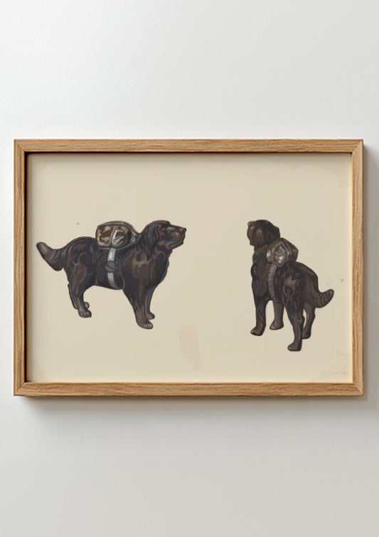 Framed drawing of two Labrador Retrievers by Reuben Ward Binks, featuring a dog with a pack.
