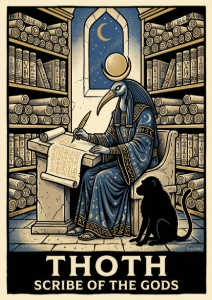 Poster of the Egyptian god Thoth with an ibis head writing in a library