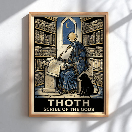 Poster of the Egyptian god Thoth with an ibis head writing in a library