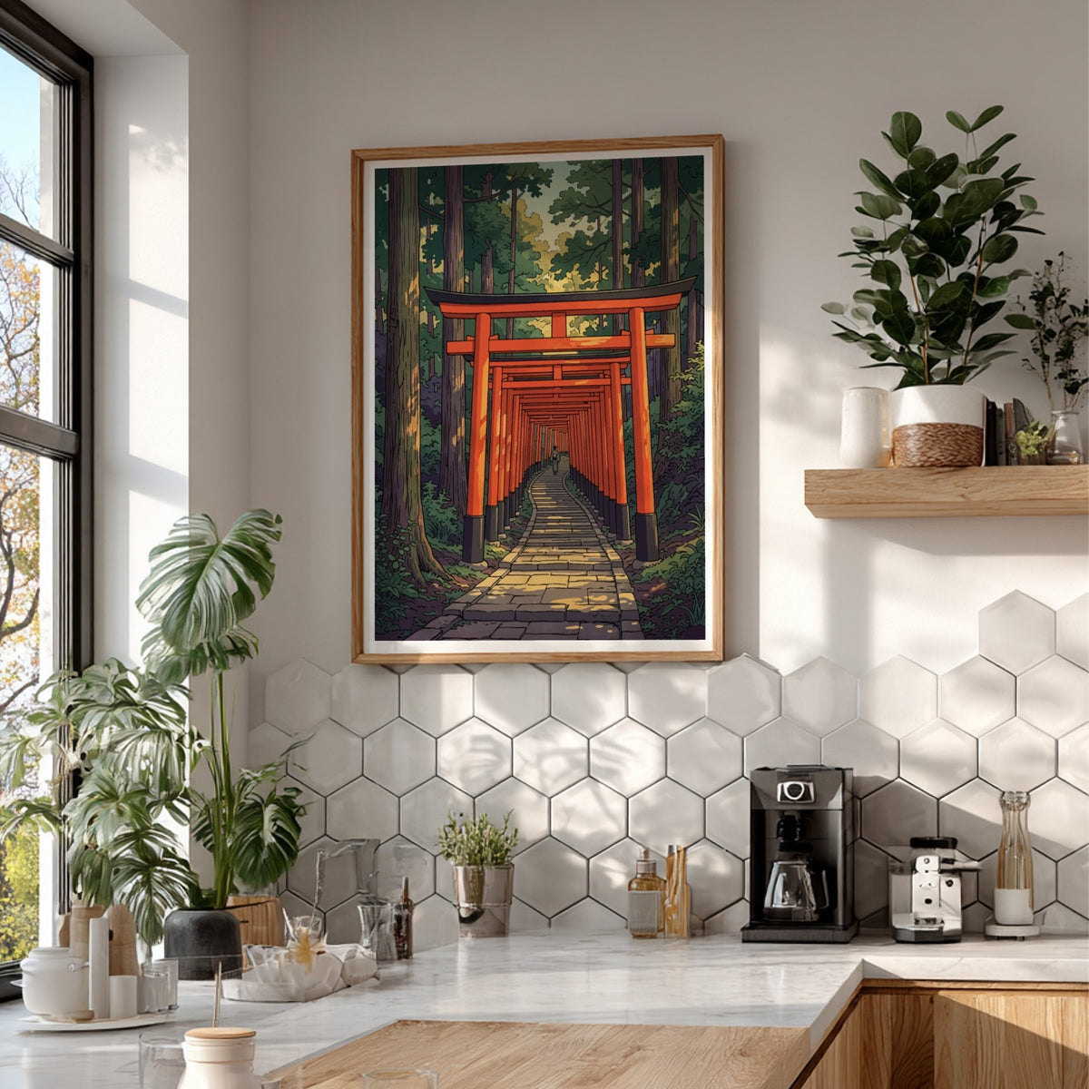 Poster featuring a stone path winding through vibrant orange torii gates in a forest