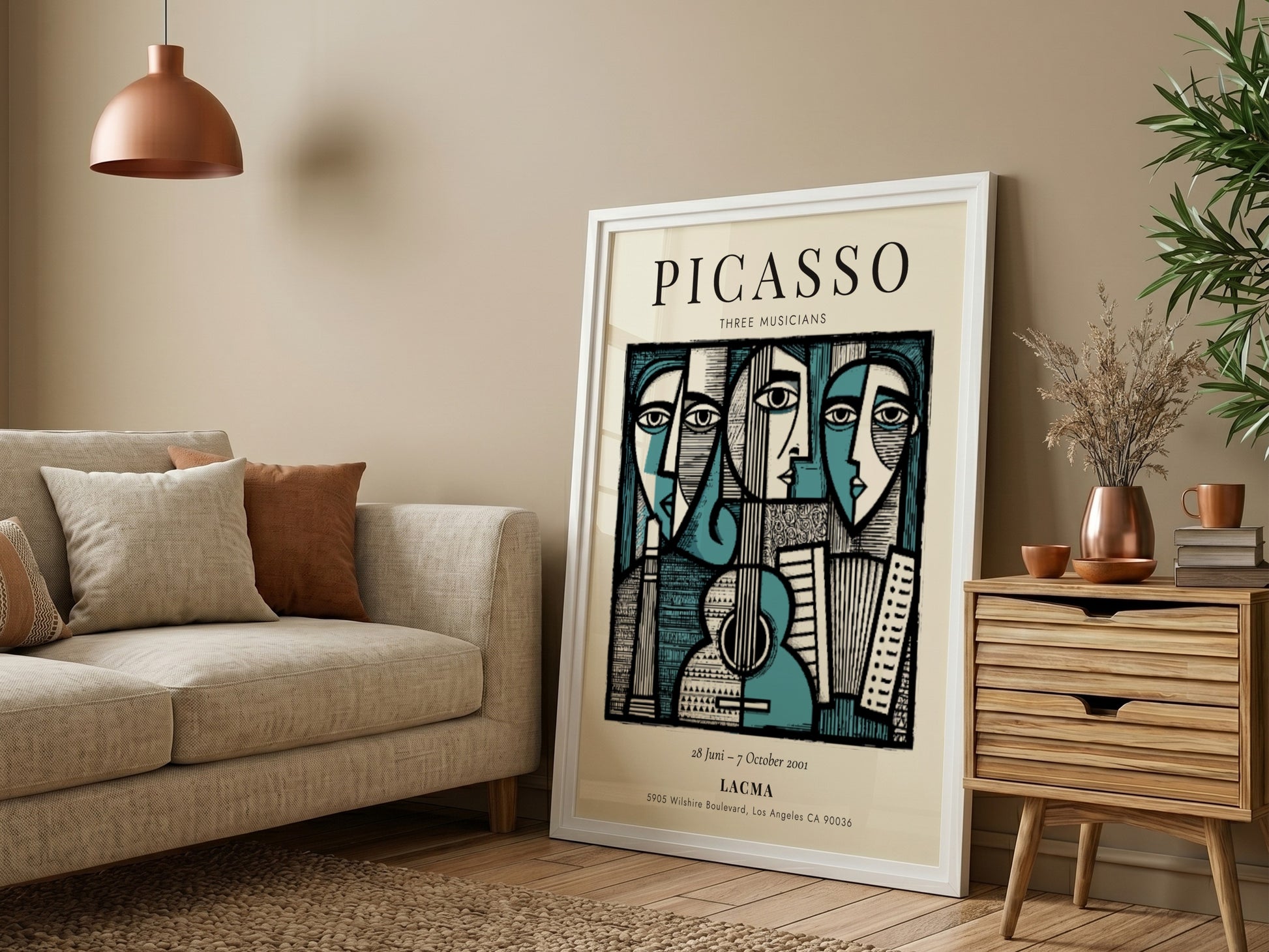 Picasso inspired poster featuring Three Musicians in bold colors and geometric shapes