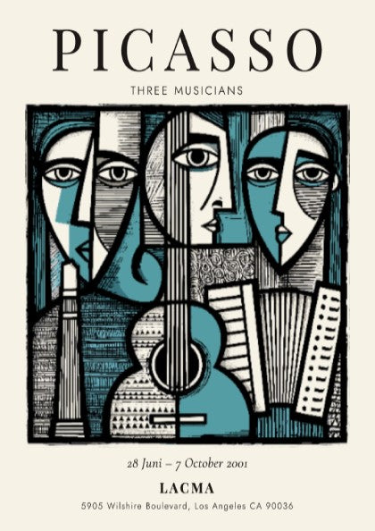 Picasso inspired poster featuring Three Musicians in bold colors and geometric shapes