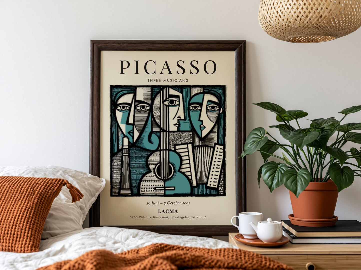 Picasso inspired poster featuring Three Musicians in bold colors and geometric shapes