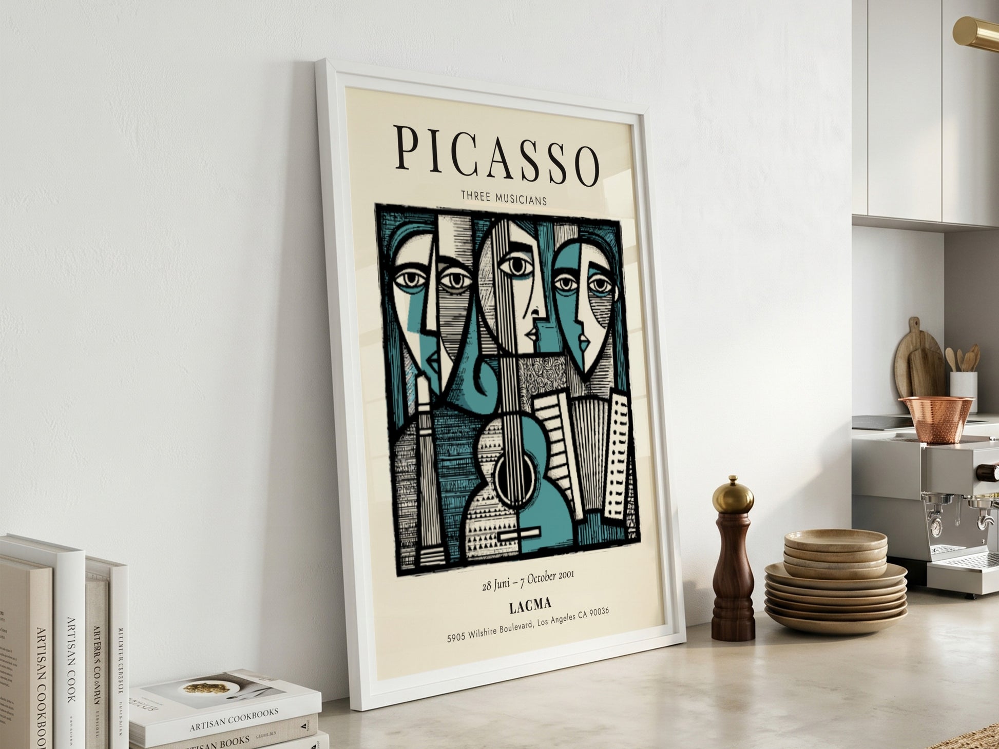 Picasso inspired poster featuring Three Musicians in bold colors and geometric shapes