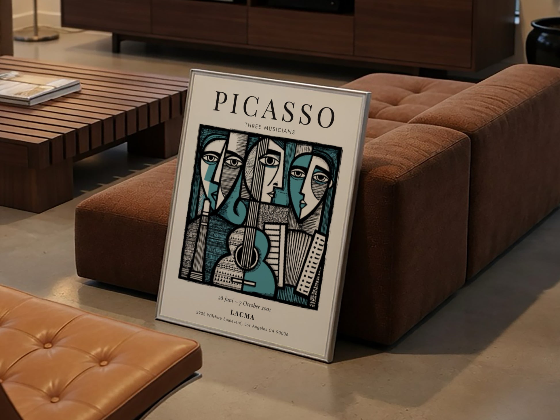 Picasso inspired poster featuring Three Musicians in bold colors and geometric shapes