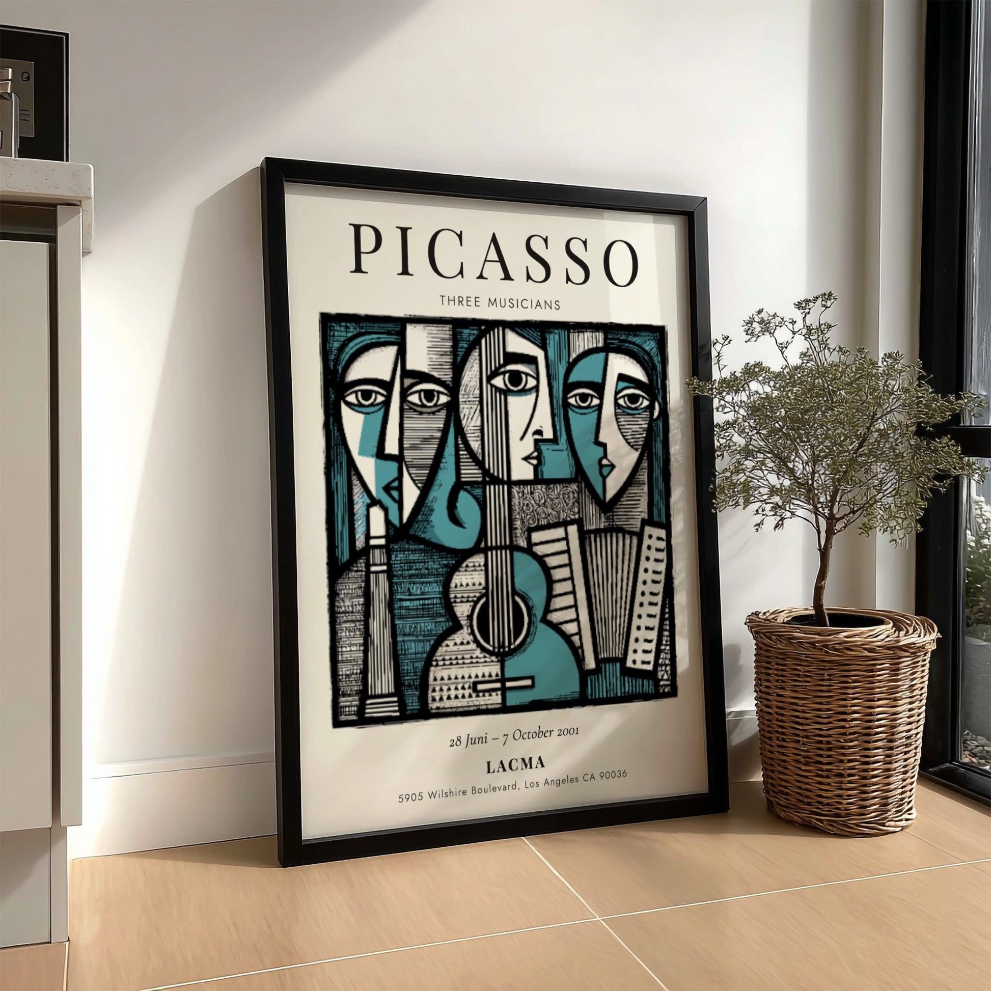 Picasso inspired poster featuring Three Musicians in bold colors and geometric shapes