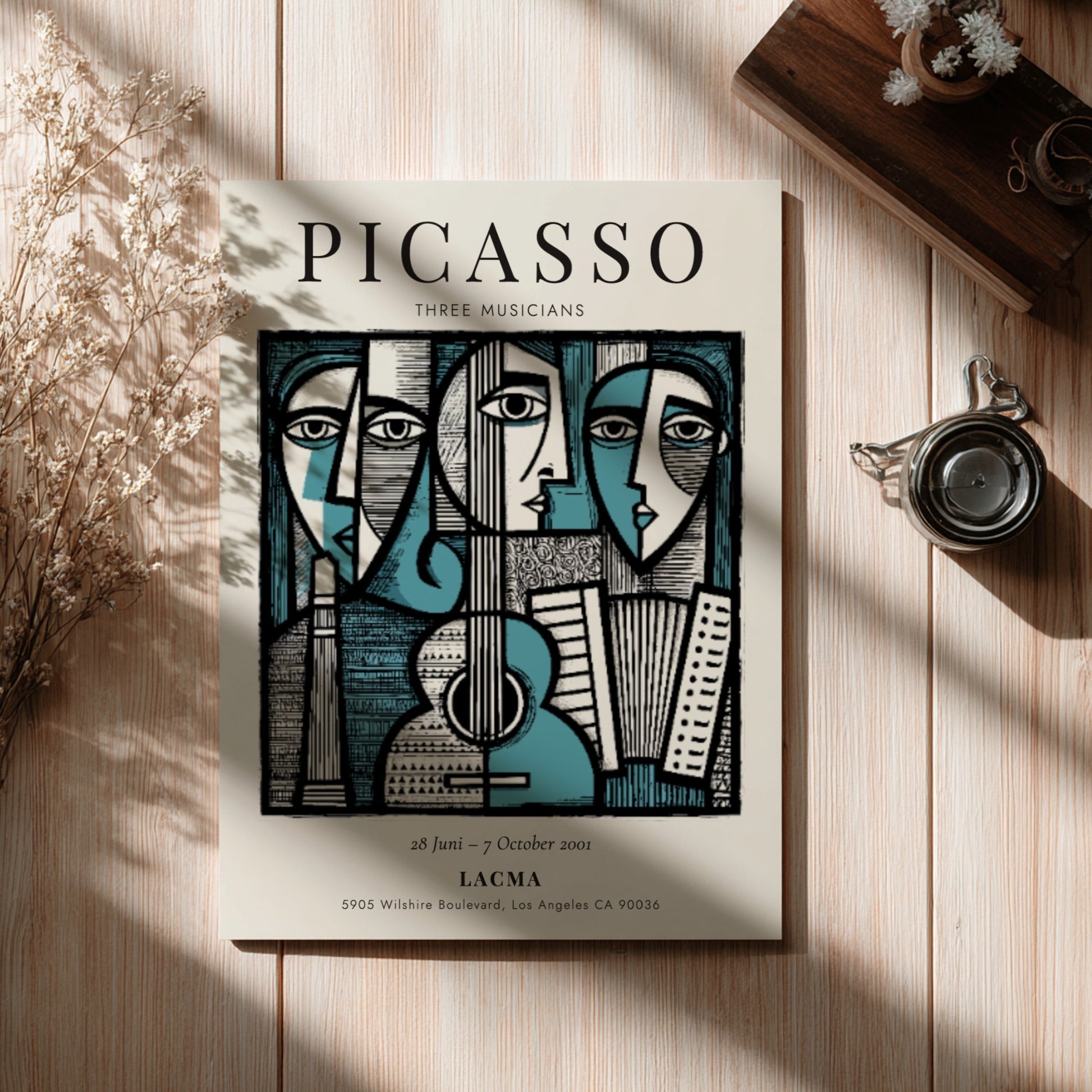 Picasso inspired poster featuring Three Musicians in bold colors and geometric shapes