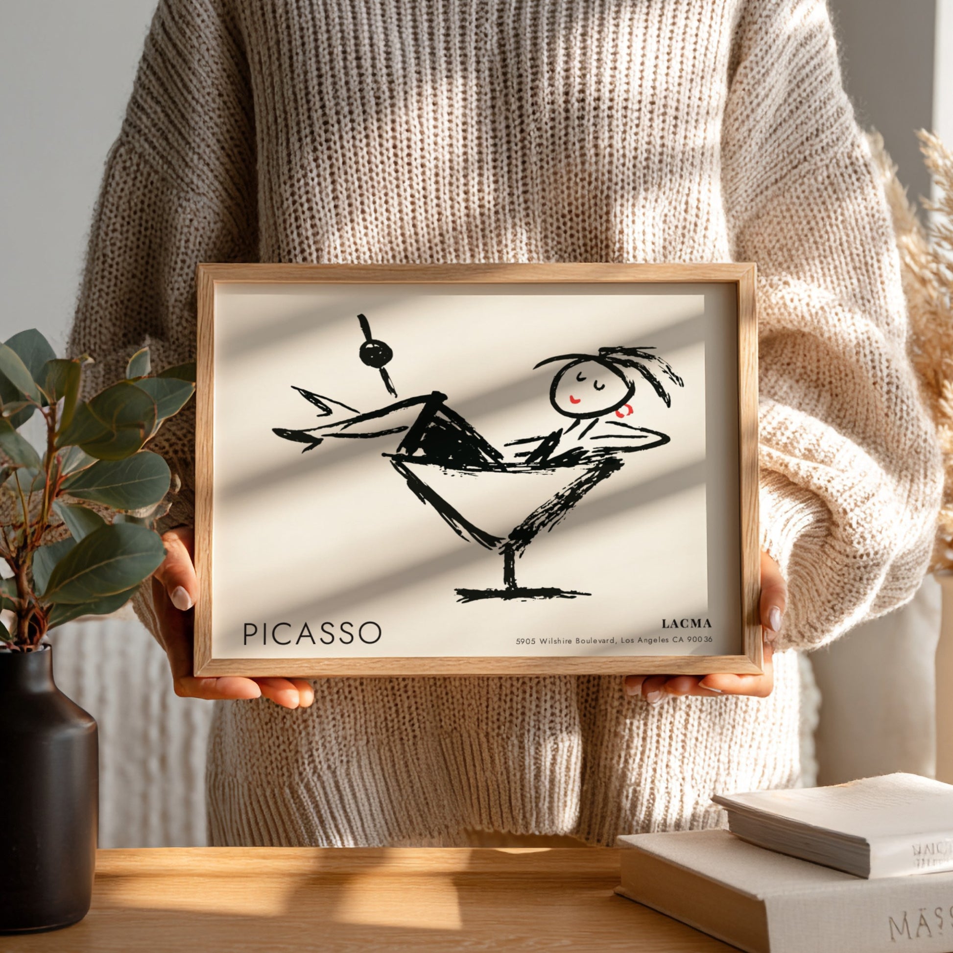 Wall art print featuring Three Musicians by Picasso in black and white with red accents, modern decor style.