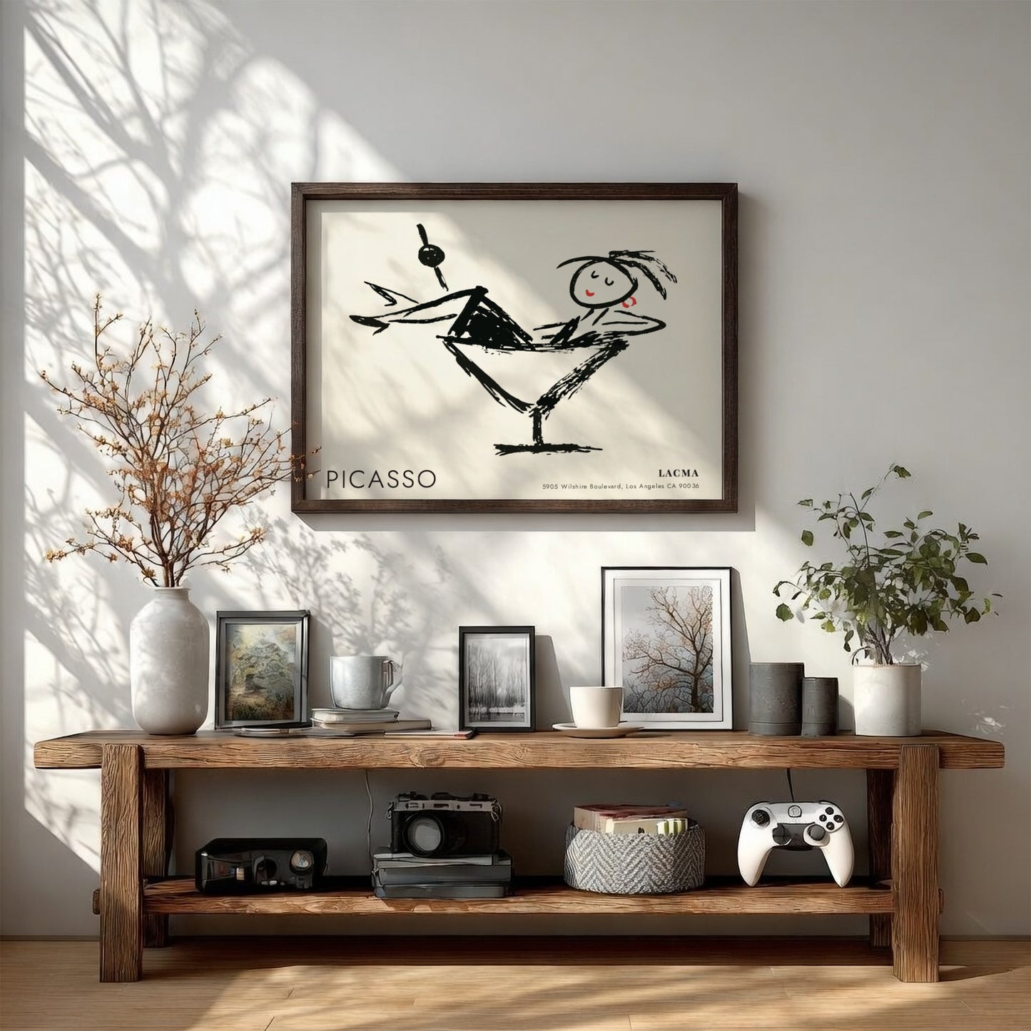 Wall art print featuring Three Musicians by Picasso in black and white with red accents, modern decor style.
