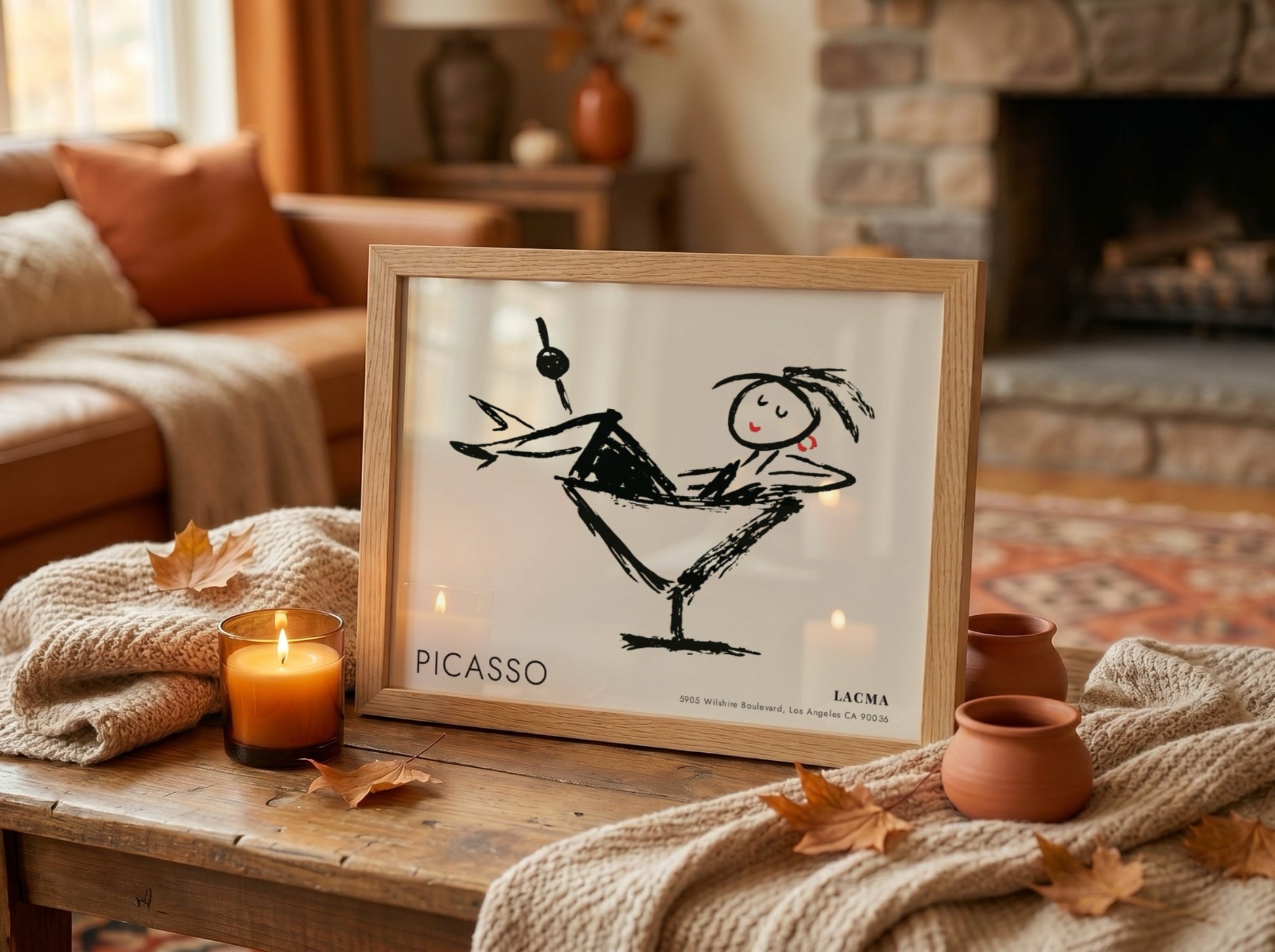 Wall art print featuring Three Musicians by Picasso in black and white with red accents, modern decor style.