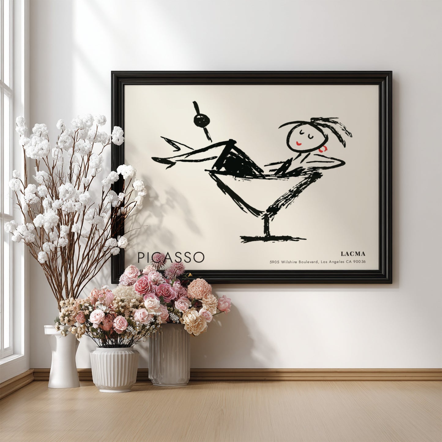 Wall art print featuring Three Musicians by Picasso in black and white with red accents, modern decor style.