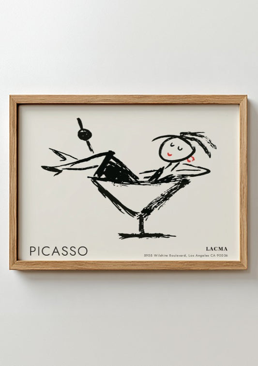 Wall art print featuring Three Musicians by Picasso in black and white with red accents, modern decor style.