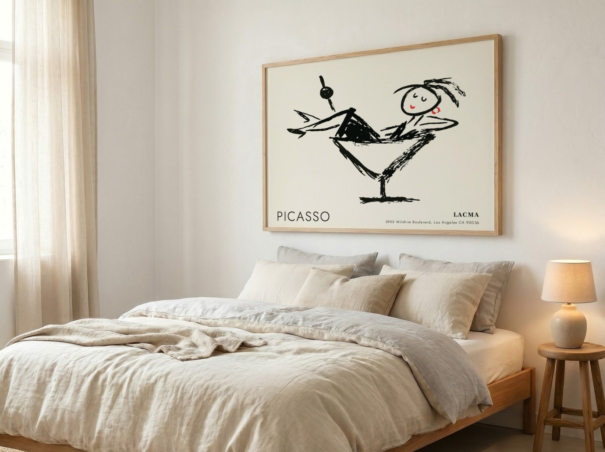 Wall art print featuring Three Musicians by Picasso in black and white with red accents, modern decor style.