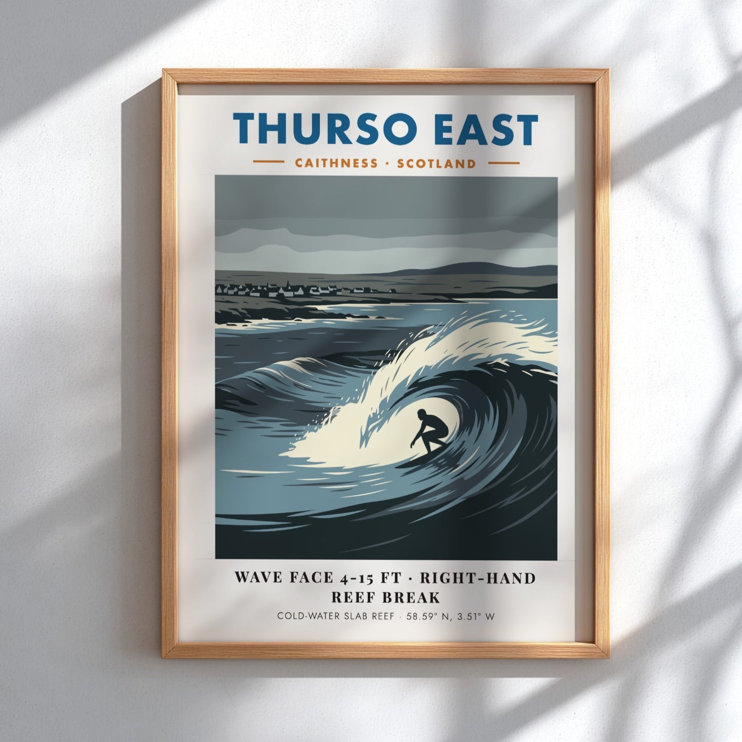 Thurso East travel poster featuring a surfer riding a large wave in Scotland