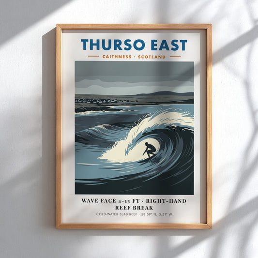 Thurso East travel poster featuring a surfer riding a large wave in Scotland