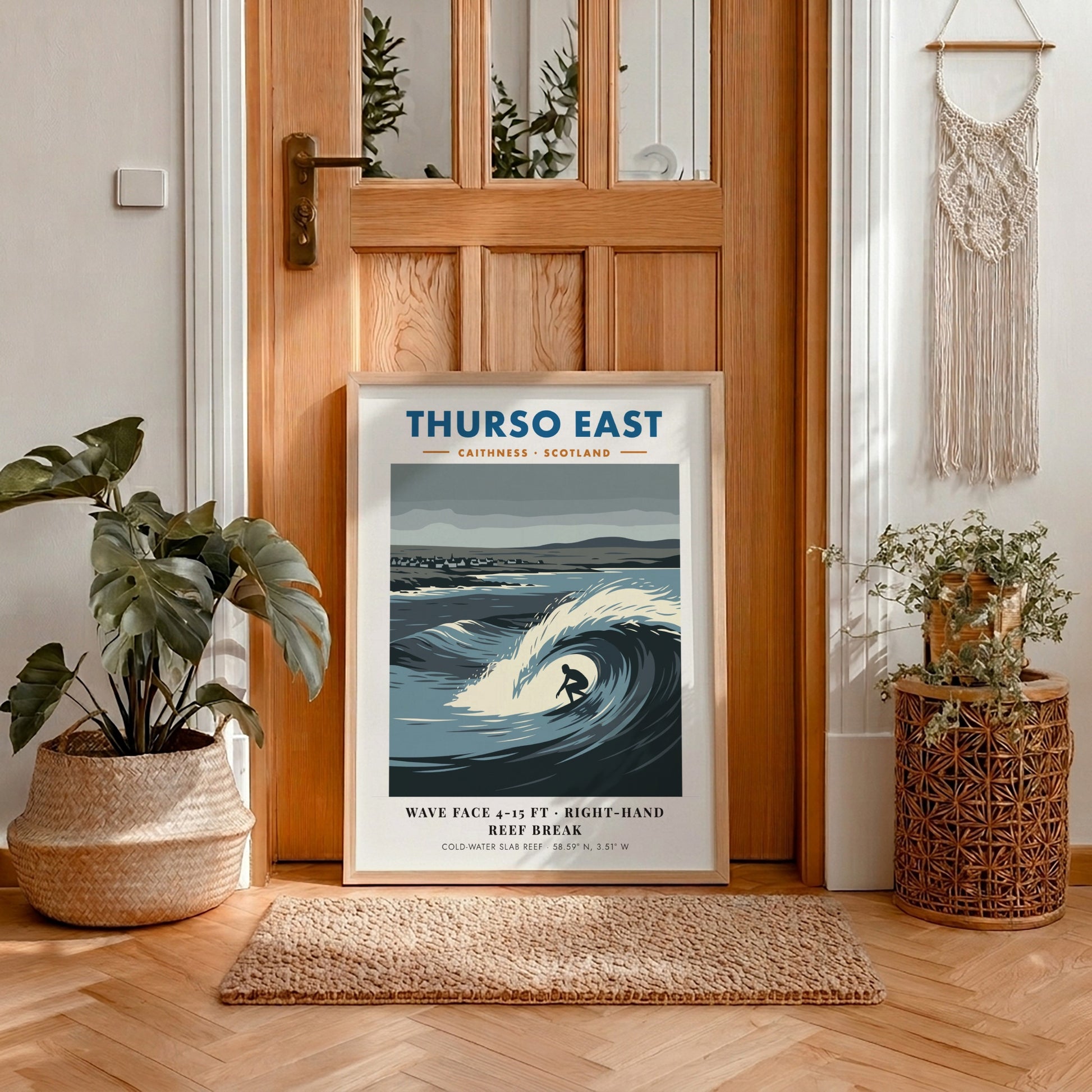 Thurso East travel poster featuring a surfer riding a large wave in Scotland