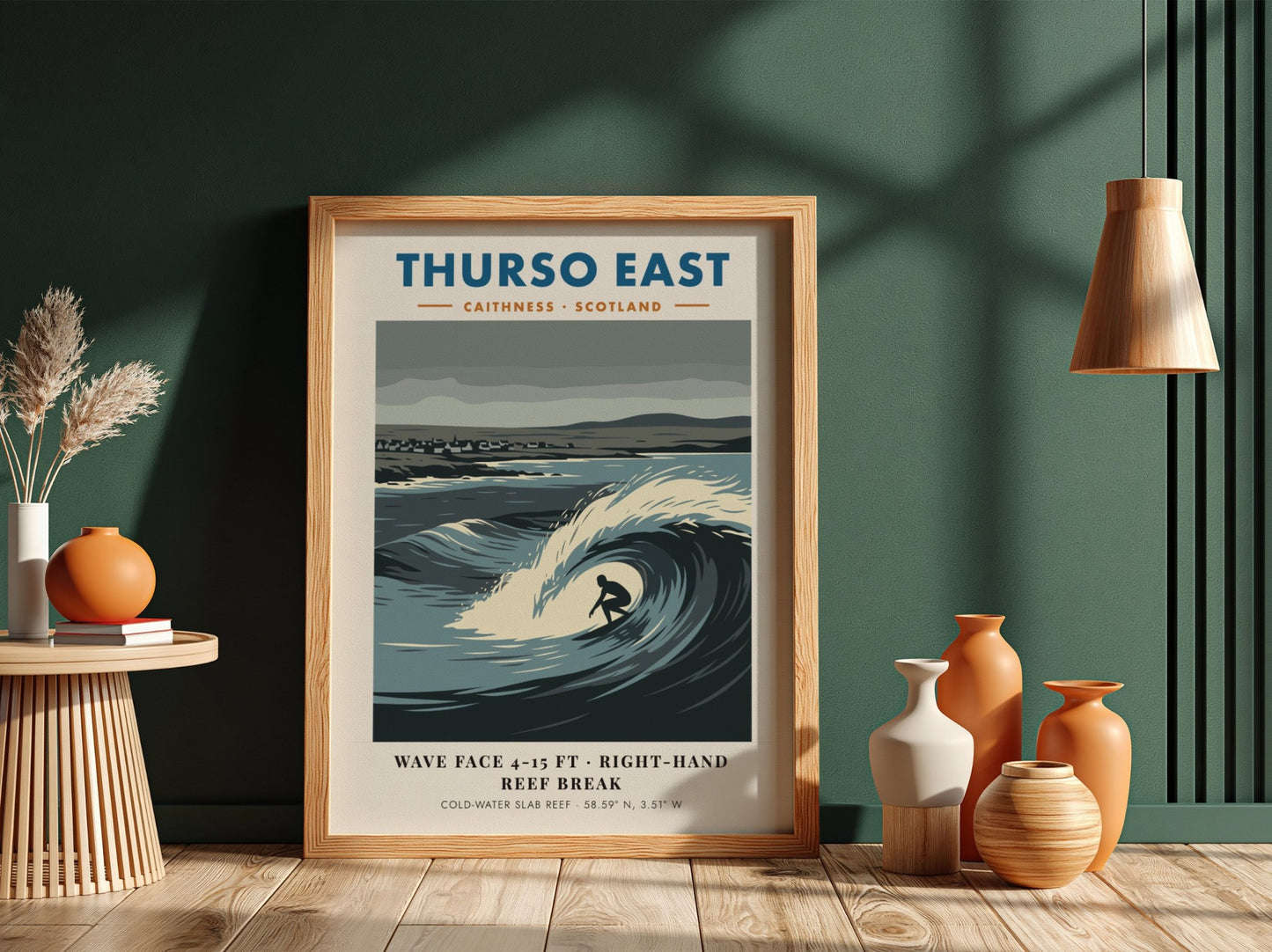 Thurso East travel poster featuring a surfer riding a large wave in Scotland