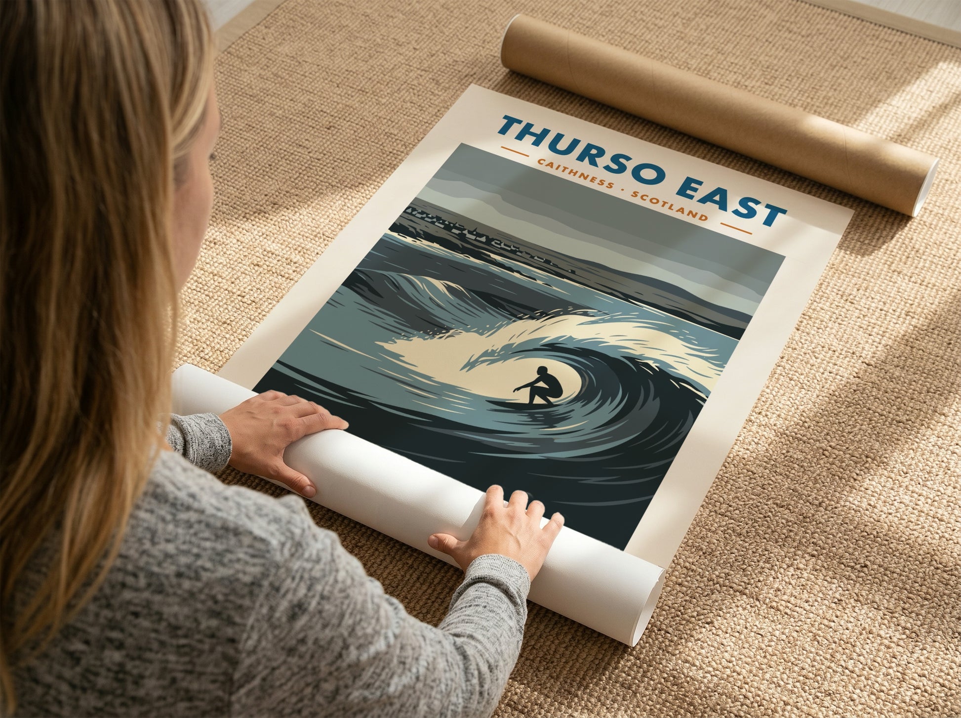 Thurso East travel poster featuring a surfer riding a large wave in Scotland