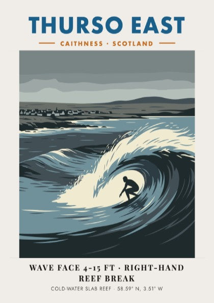 Thurso East travel poster featuring a surfer riding a large wave in Scotland