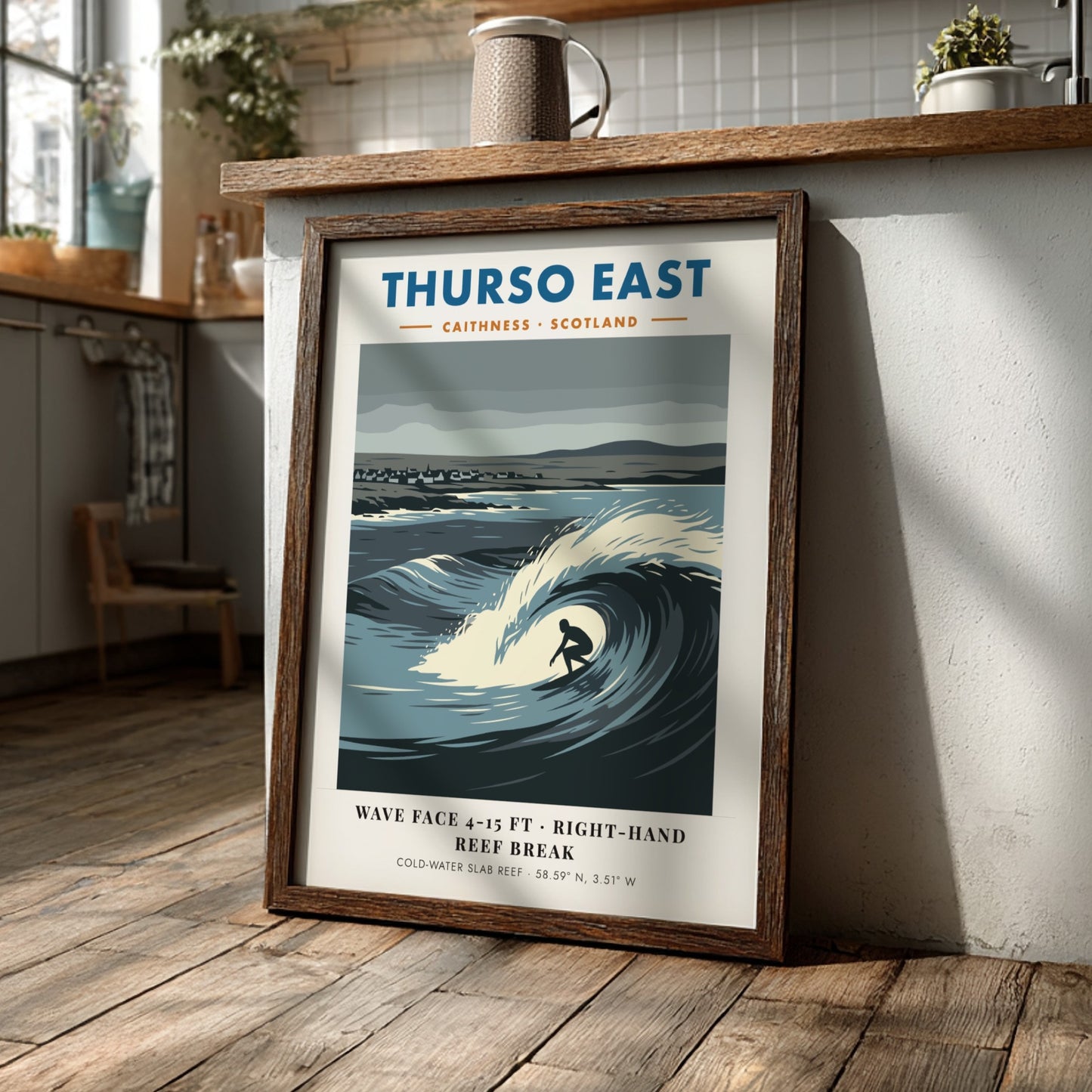 Thurso East travel poster featuring a surfer riding a large wave in Scotland