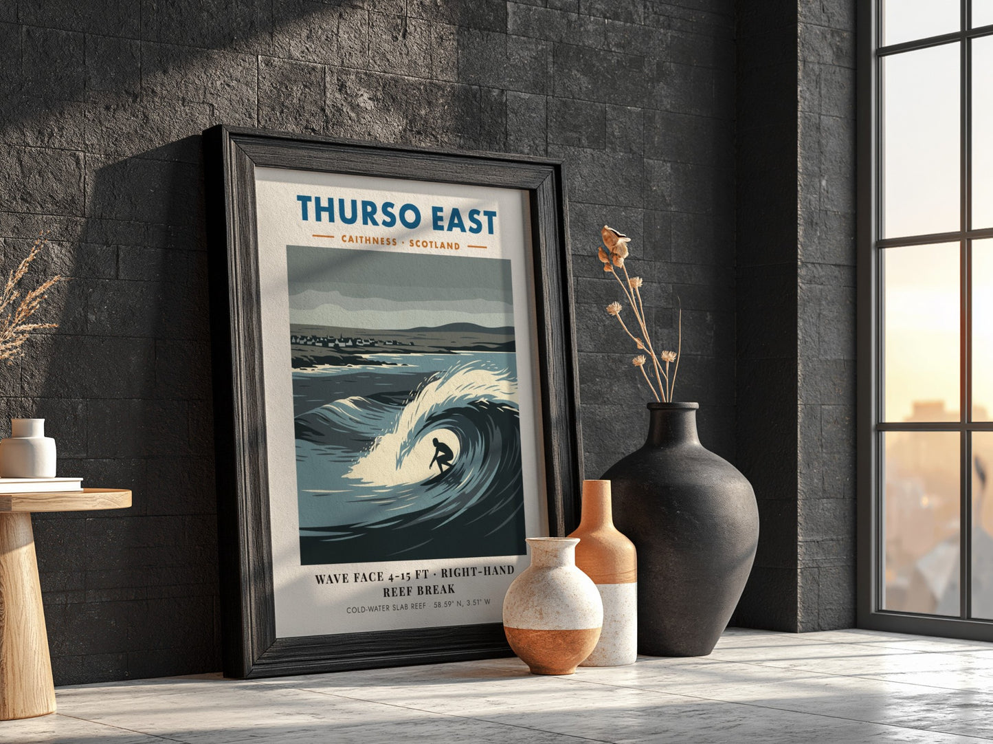 Thurso East travel poster featuring a surfer riding a large wave in Scotland